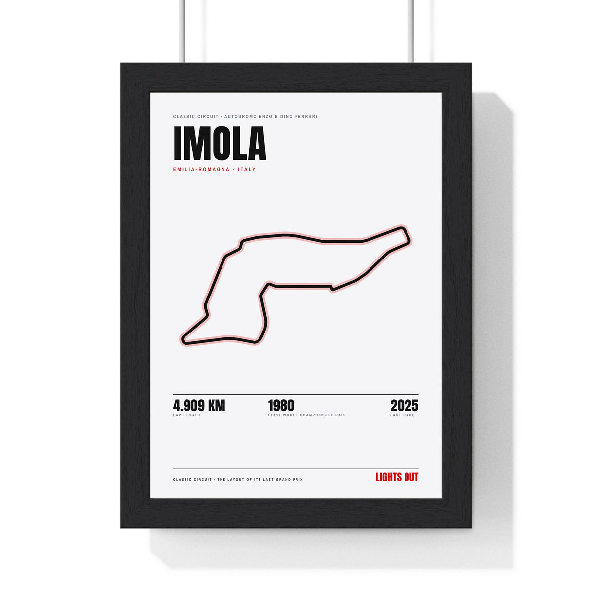 Imola Circuit print White framed in a black frame, ready to hang
