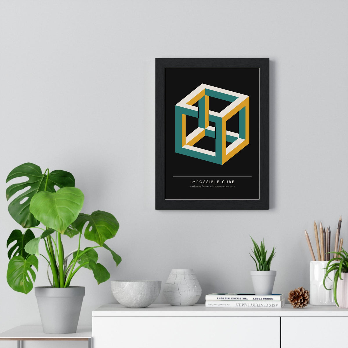 Impossible Cube print framed on a living room wall