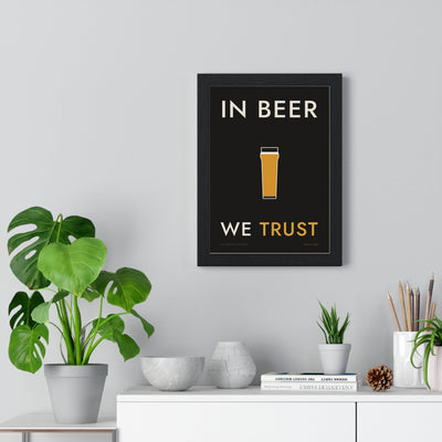 In Beer We Trust Print framed on a living room wall