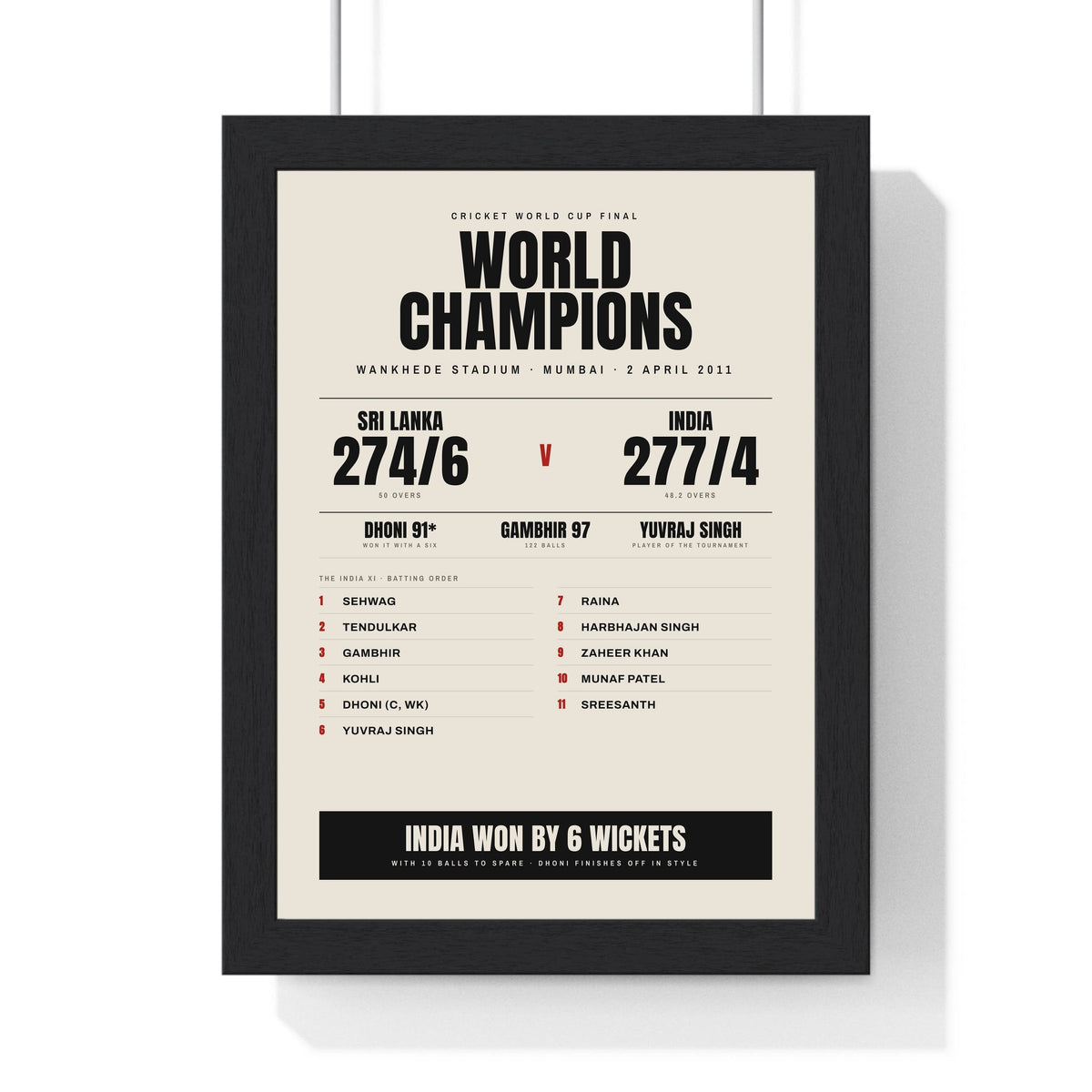 India Cricket World Cup 2011 Winners print framed in a black frame, ready to hang