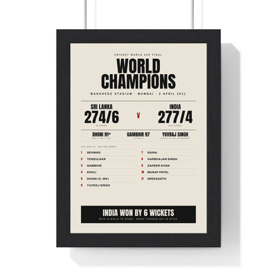 India Cricket World Cup 2011 Winners print framed in a black frame, ready to hang