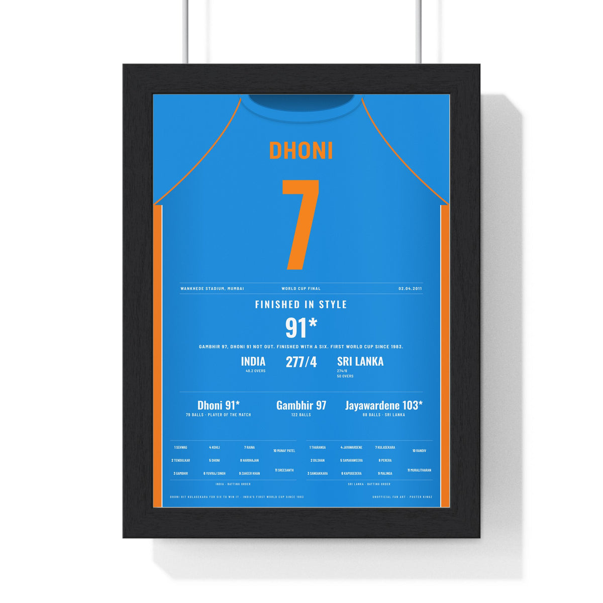 MS Dhoni Mumbai 2011 Cricket World Cup Final Poster - 91 Not Out Shirt Print framed in a black frame, ready to hang