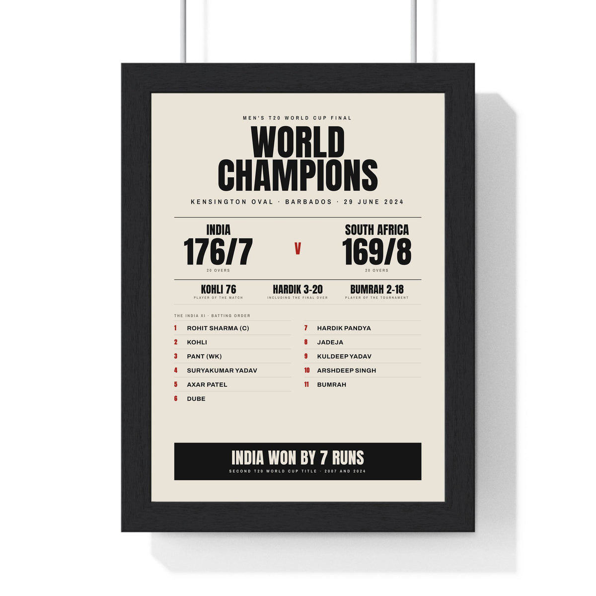 India T20 World Cup 2024 Winners print framed in a black frame, ready to hang