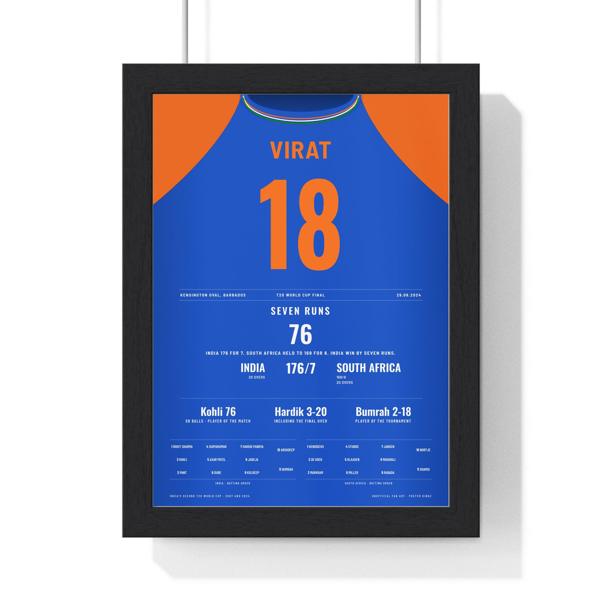 Virat Kohli Barbados 2024 T20 Final Cricket Poster - 76 Shirt Print framed in a black frame, ready to hang