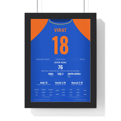 Virat Kohli Barbados 2024 T20 Final Cricket Poster - 76 Shirt Print framed in a black frame, ready to hang