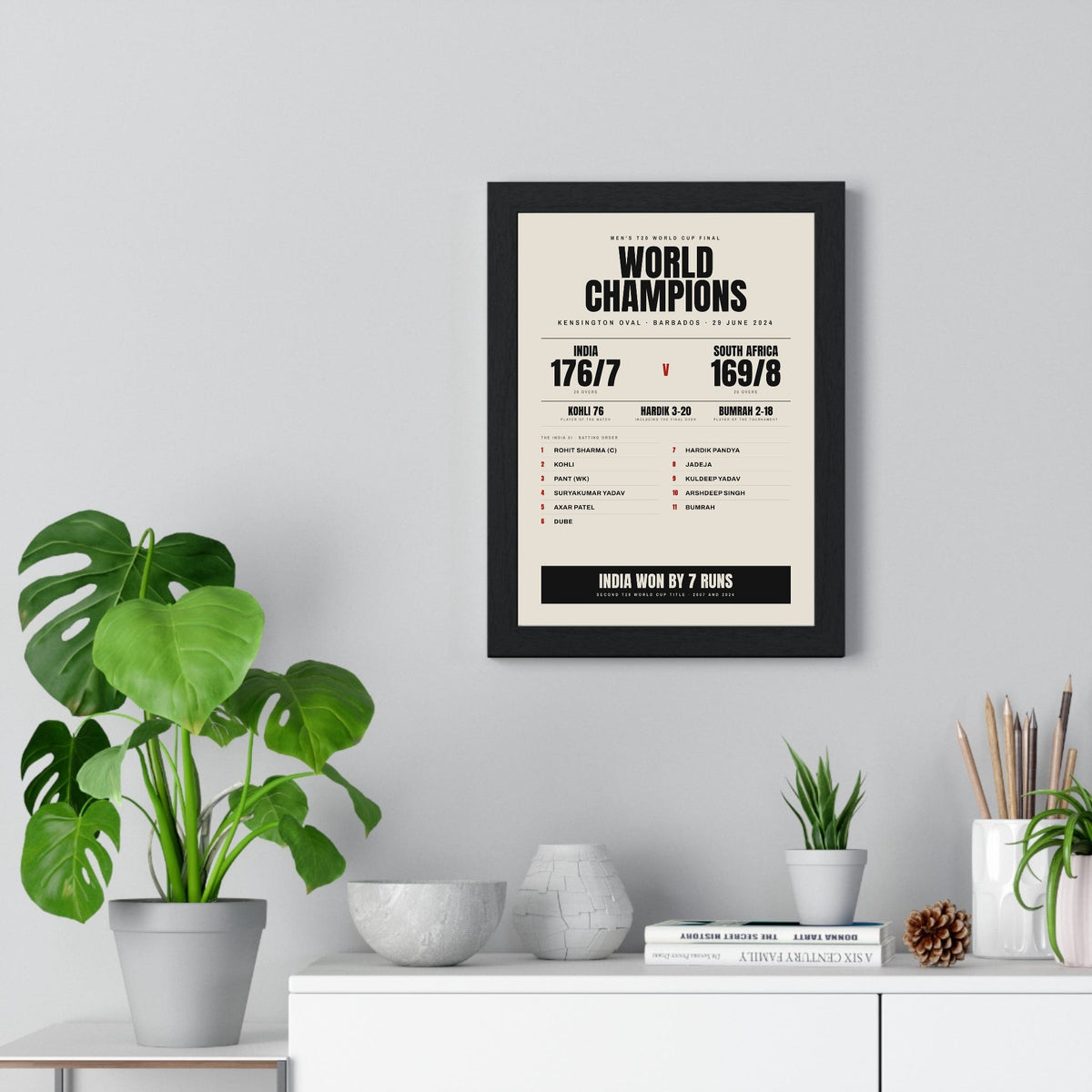 India T20 World Cup 2024 Winners print framed on a living room wall