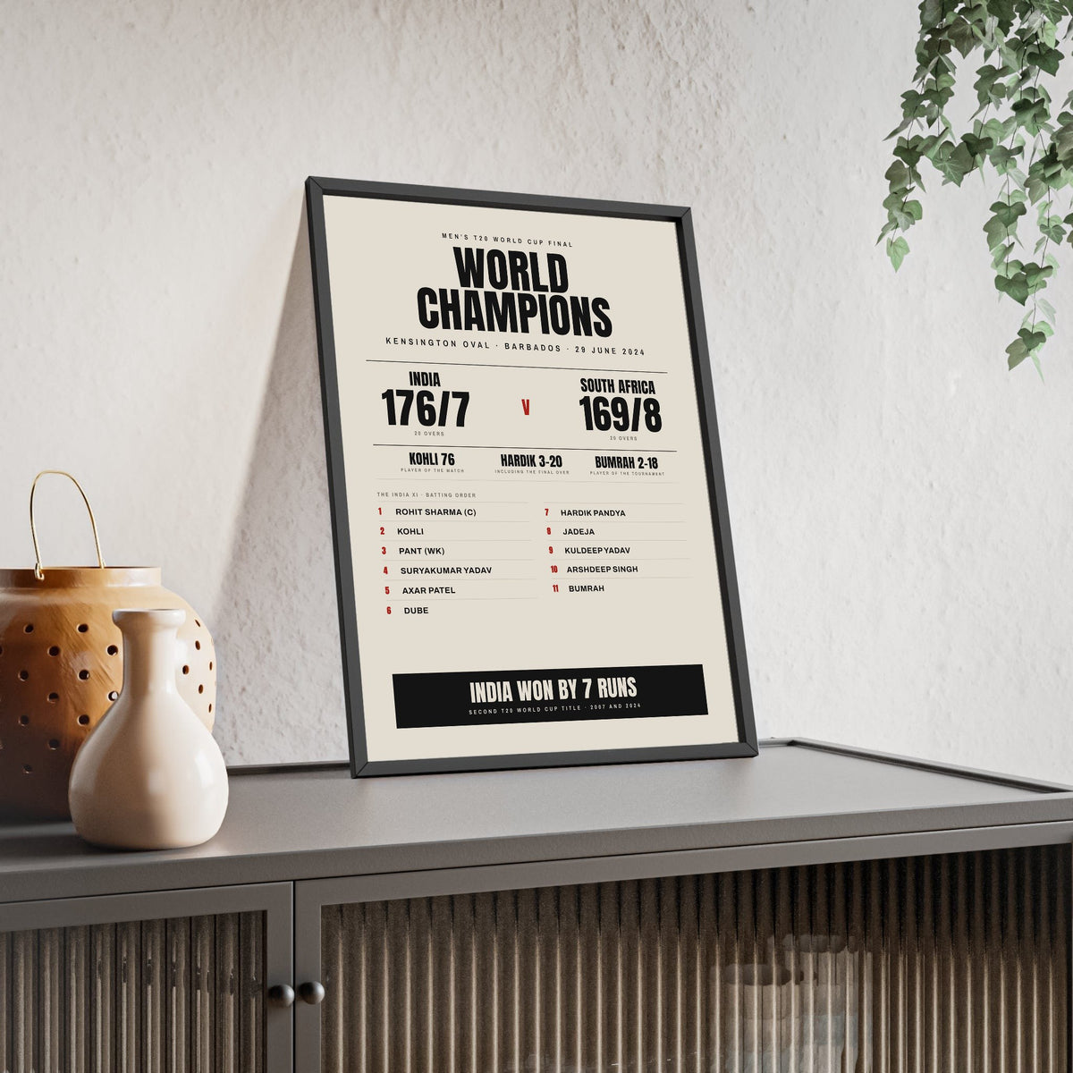 India T20 World Cup 2024 Winners print framed and leaning on a sideboard