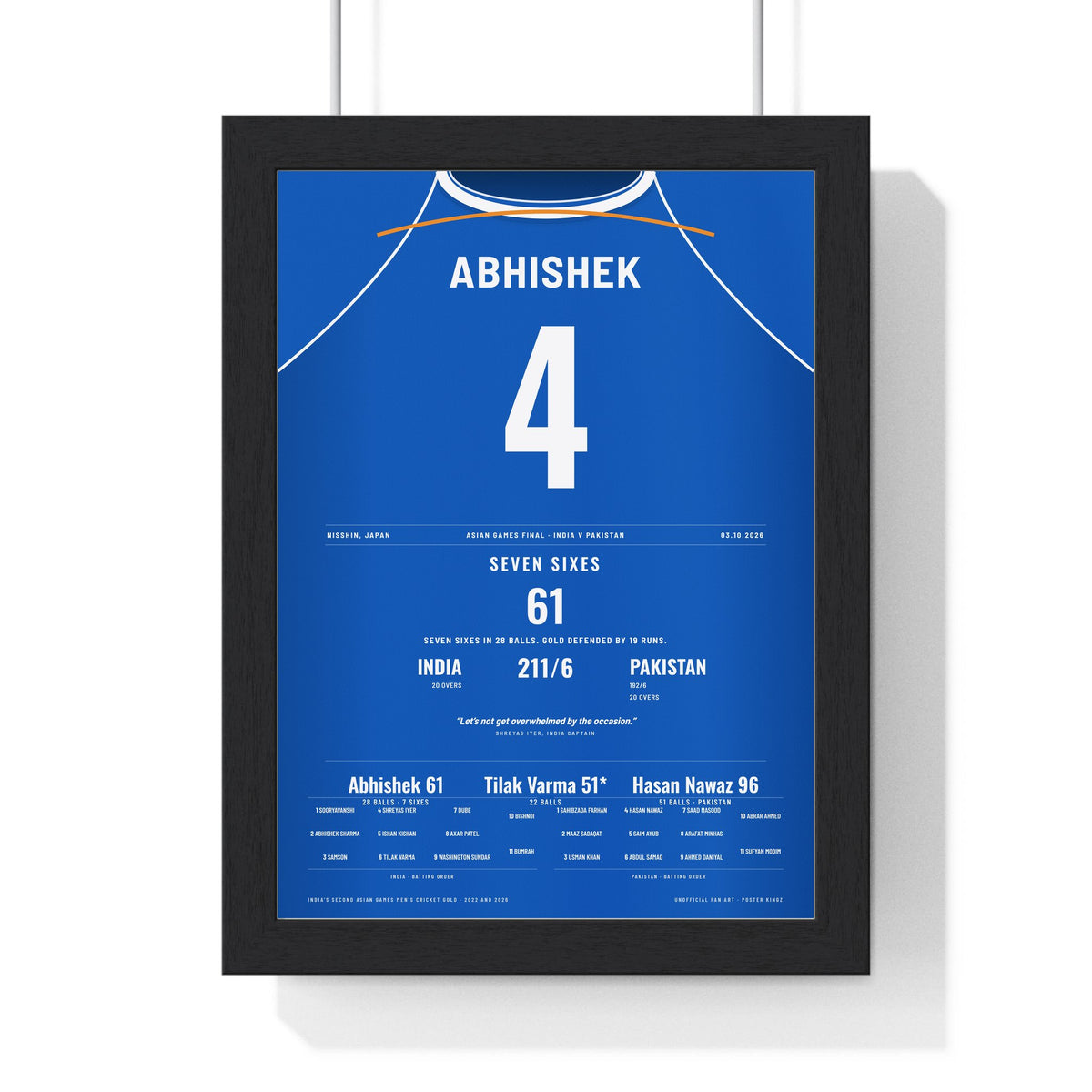 India v Pakistan Asian Games Final 2026 Cricket Poster - Abhishek Sharma 4 Shirt Print framed in a black frame, ready to hang