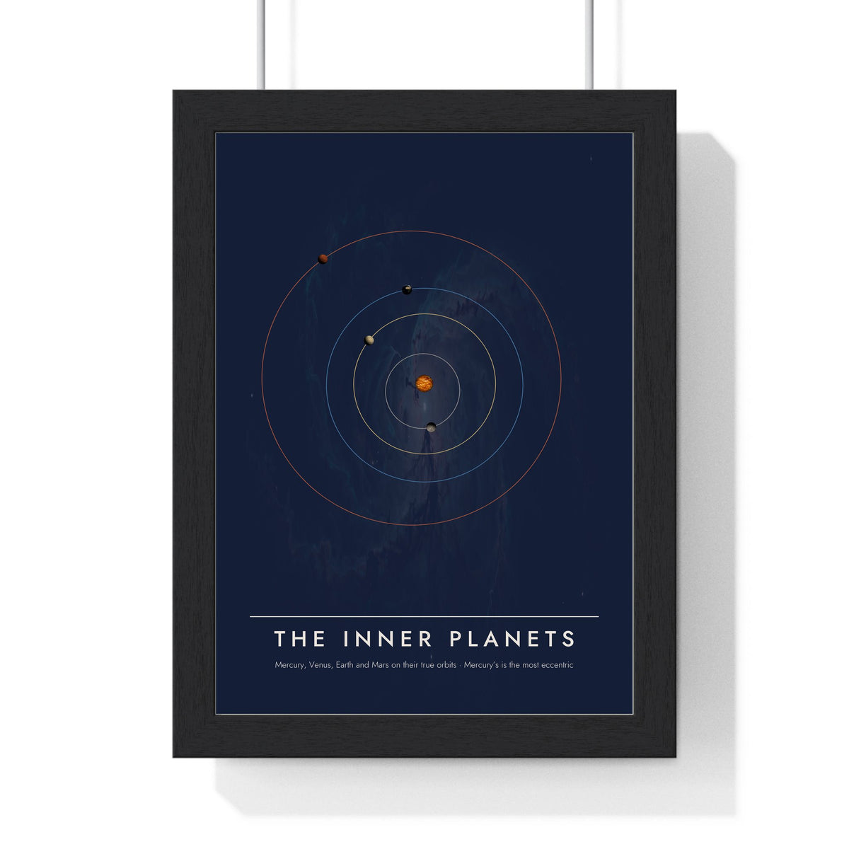 Inner Planets Orbits print framed in a black frame, ready to hang