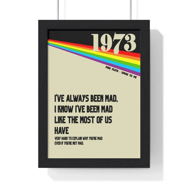 Pink Floyd Dark Side of the Moon inspired lyric art print poster with iconic prism rainbow detail