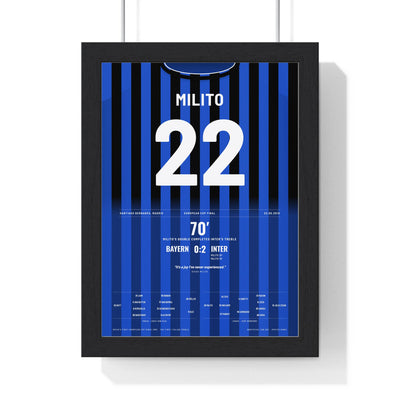 Inter Milan Champions League Final 2010 Poster - Diego Milito 22 Treble Shirt Print framed in a black frame, ready to hang