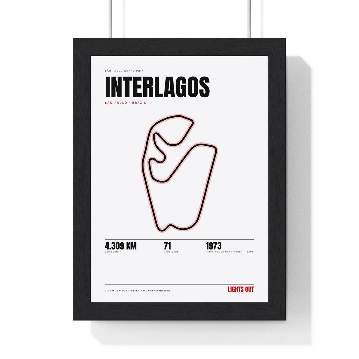 Interlagos Circuit print White framed in a black frame, ready to hang