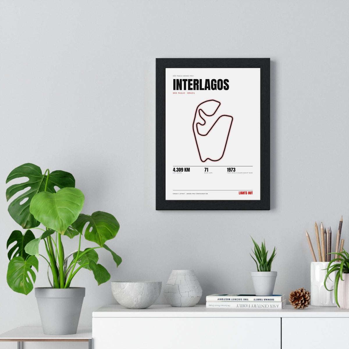 Interlagos Circuit print White framed on a living room wall