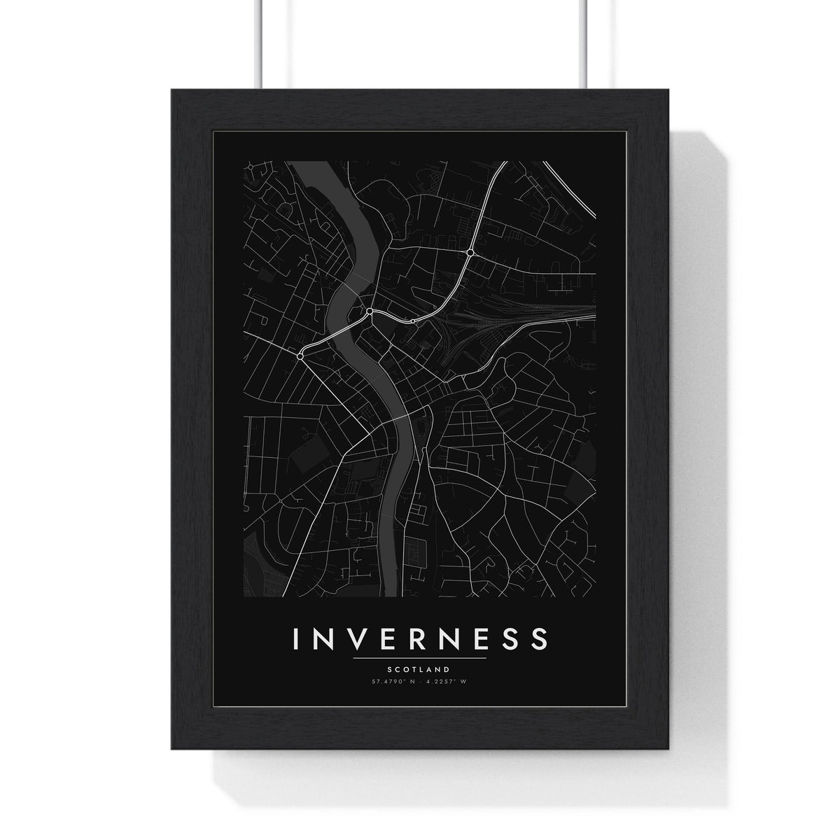 Inverness street map poster in black, minimal city map print framed in a black frame