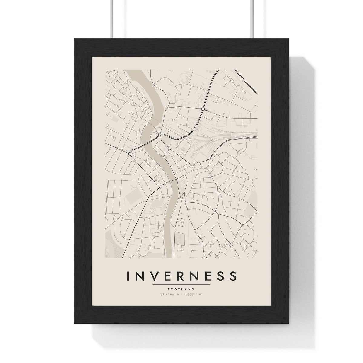 Inverness street map poster in cream, minimal city map print framed in a black frame