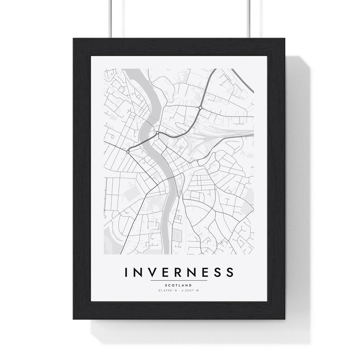 Inverness street map poster in white, minimal city map print framed in a black frame