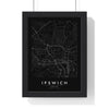 Ipswich street map poster in black, minimal city map print framed in a black frame
