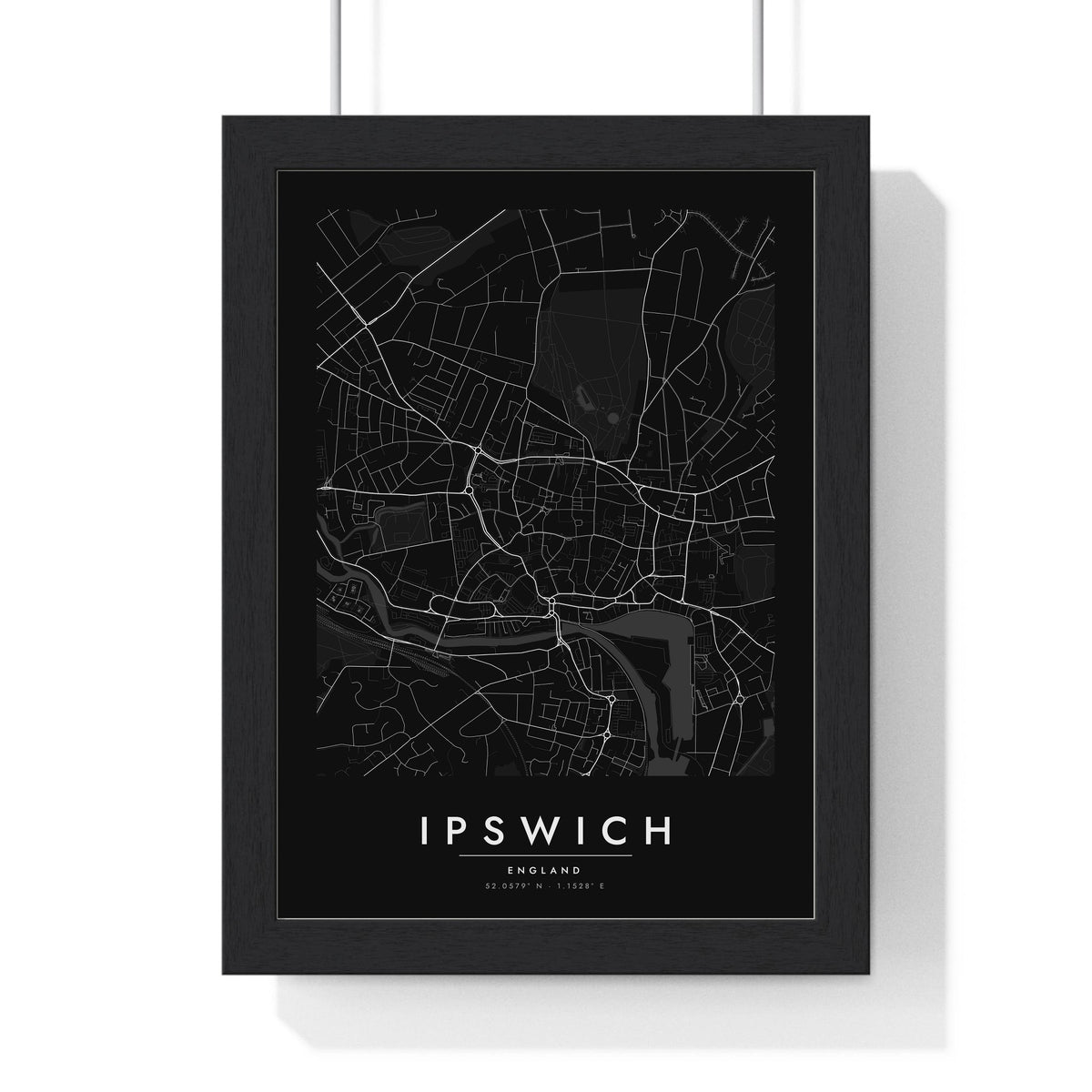Ipswich street map poster in black, minimal city map print framed in a black frame