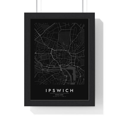 Ipswich street map poster in black, minimal city map print framed in a black frame