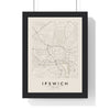Ipswich street map poster in cream, minimal city map print framed in a black frame