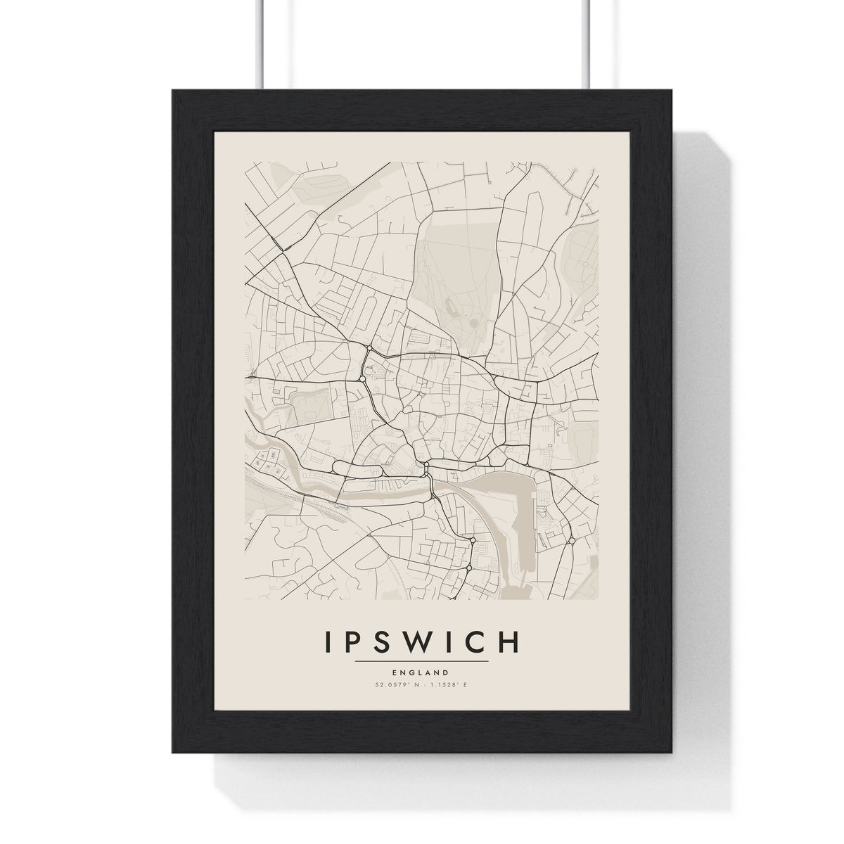 Ipswich street map poster in cream, minimal city map print framed in a black frame