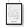 Ipswich street map poster in white, minimal city map print framed in a black frame