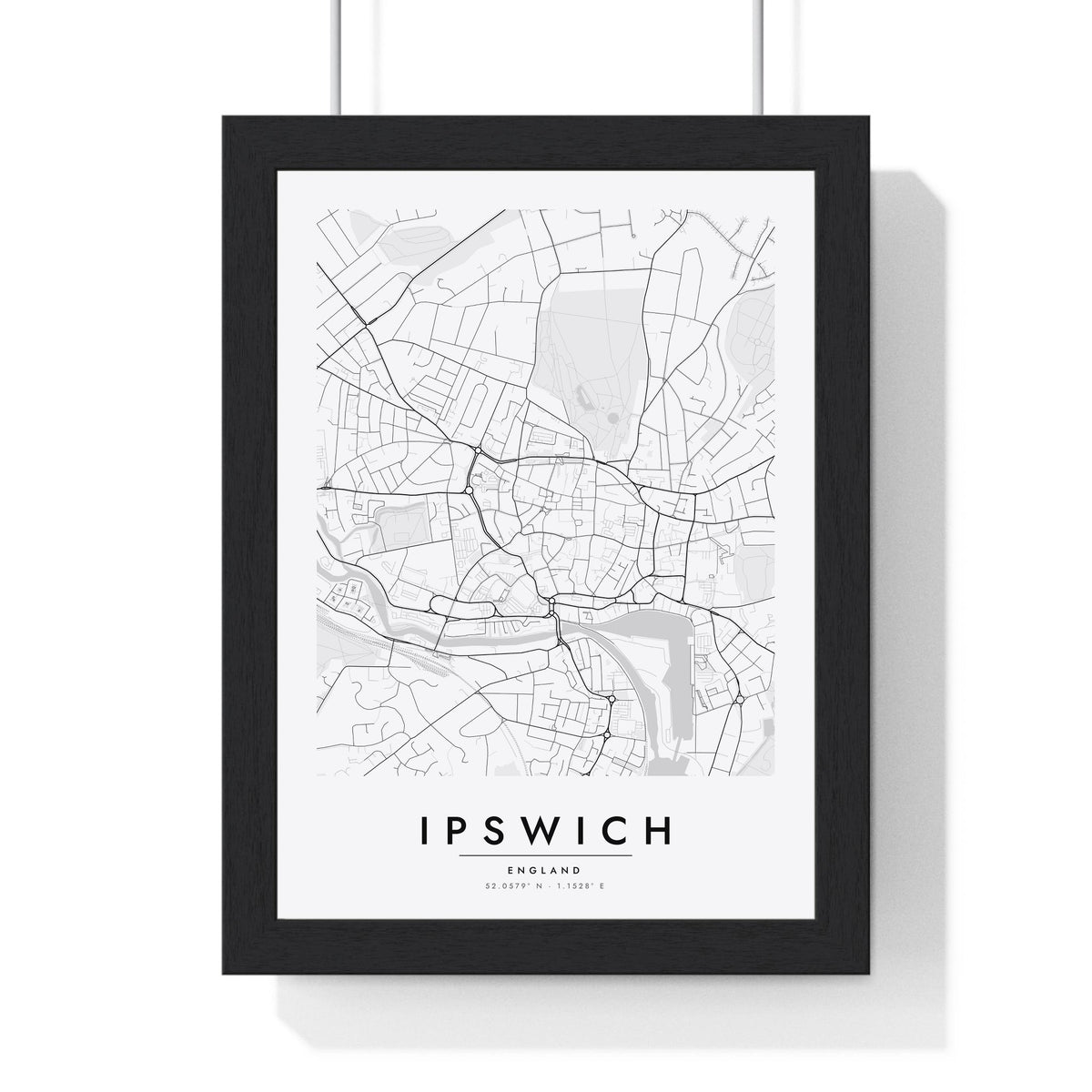 Ipswich street map poster in white, minimal city map print framed in a black frame