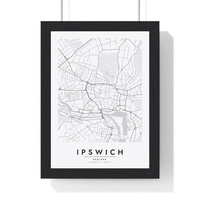 Ipswich street map poster in white, minimal city map print framed in a black frame