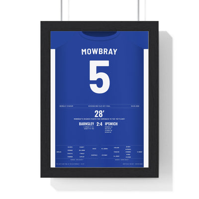 Ipswich Town Play-Off Final 2000 Poster - Tony Mowbray 5 Wembley Shirt Print framed in a black frame, ready to hang