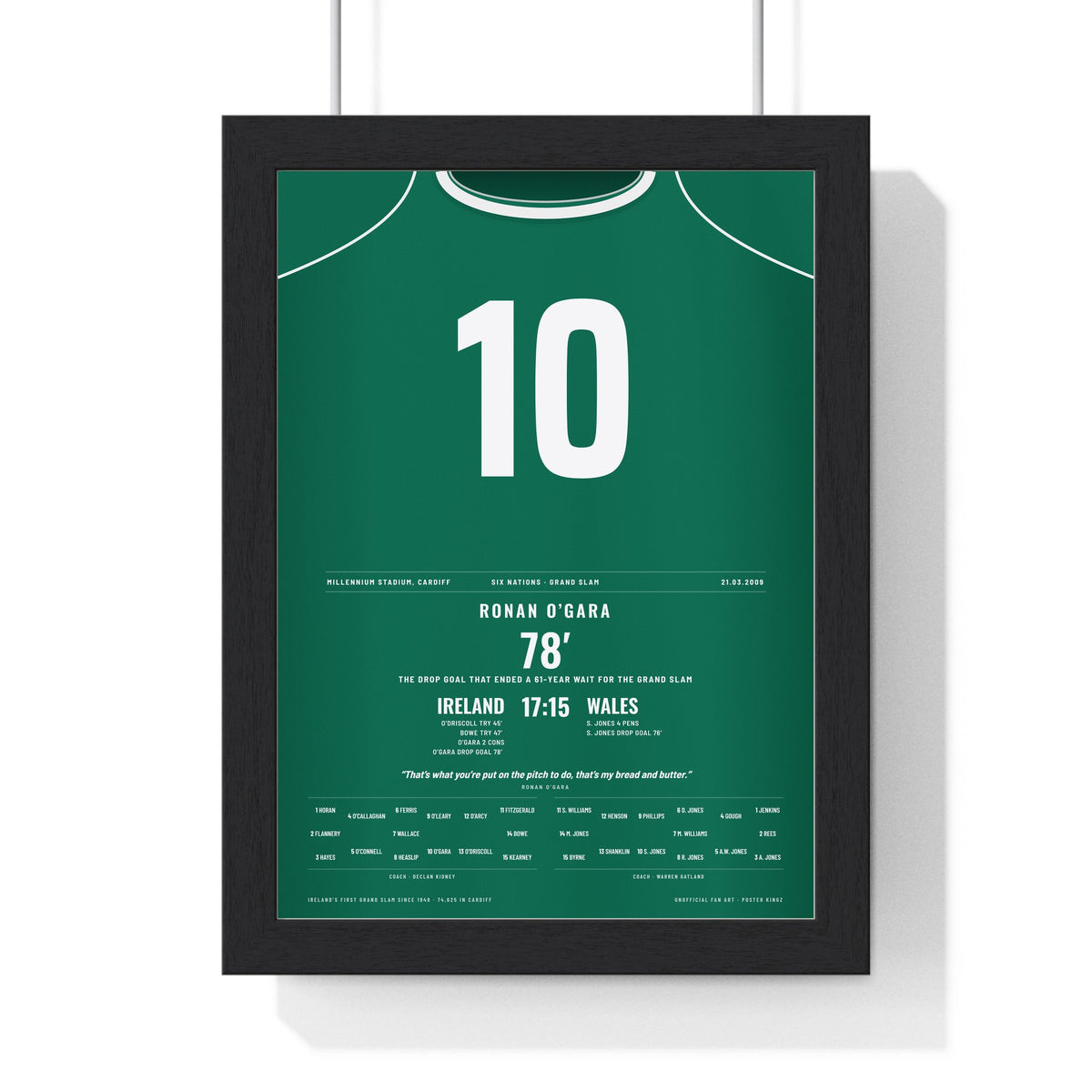 Ireland Grand Slam 2009 Poster - Ronan O’Gara 10 Drop Goal v Wales Cardiff Rugby Print framed in a black frame, ready to hang