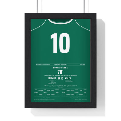 Ireland Grand Slam 2009 Poster - Ronan O’Gara 10 Drop Goal v Wales Cardiff Rugby Print framed in a black frame, ready to hang