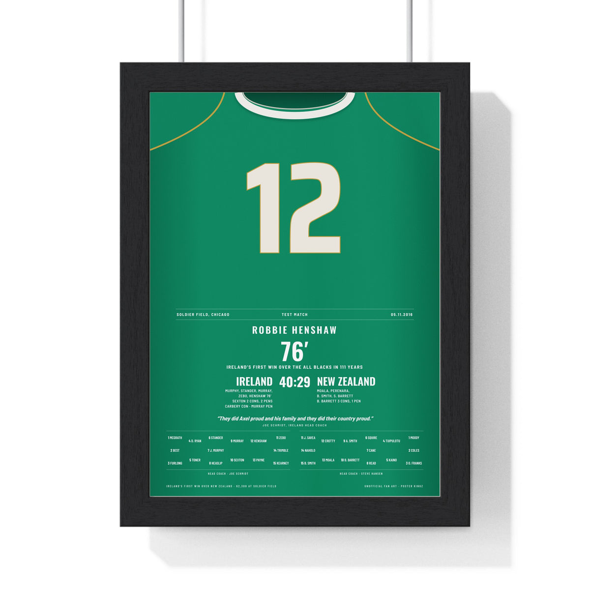 Ireland v New Zealand Chicago 2016 Poster - Robbie Henshaw 12 Try Soldier Field Rugby Print framed in a black frame, ready to hang