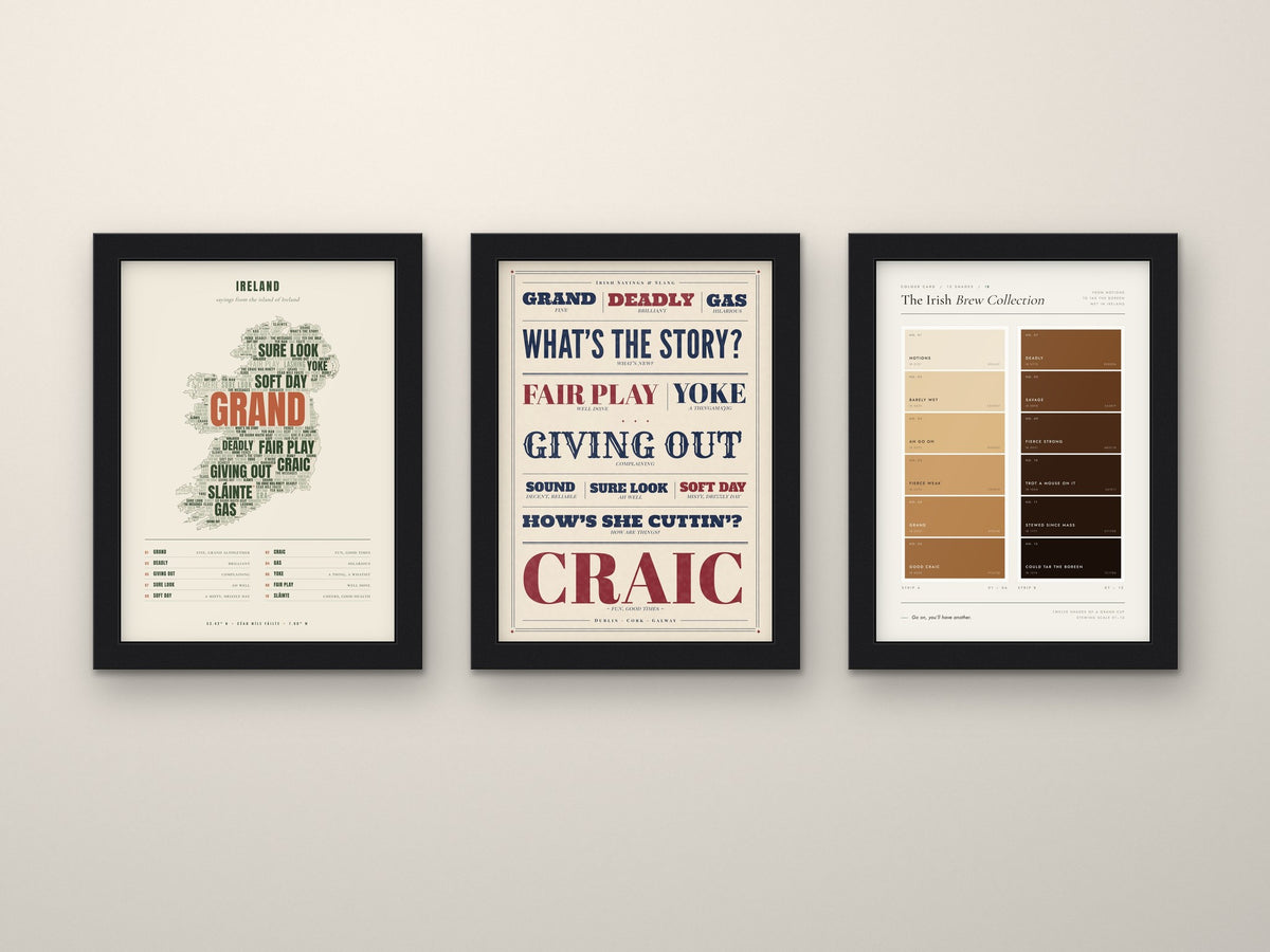 Irish Sayings Set of 3 Prints framed side by side on a wall