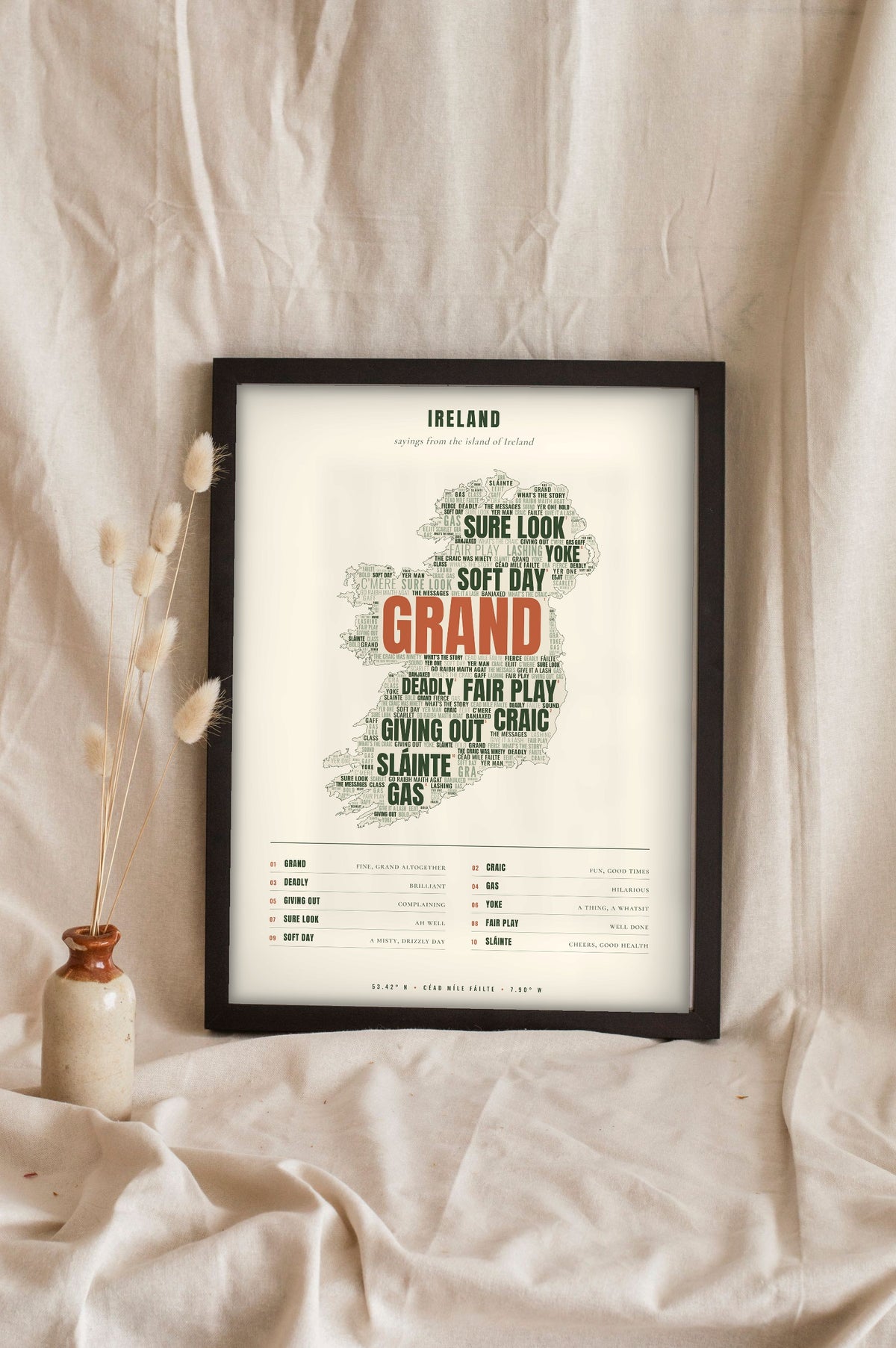 Irish Sayings Print in a black frame propped up on linen