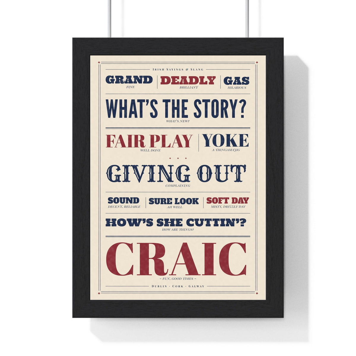Irish Slang Letterpress Print in a black frame, one of the three prints in the Irish set
