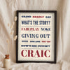 Irish Slang Print in a black frame propped up on linen