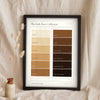 Irish Tea Colour Chart in a black frame propped up on linen