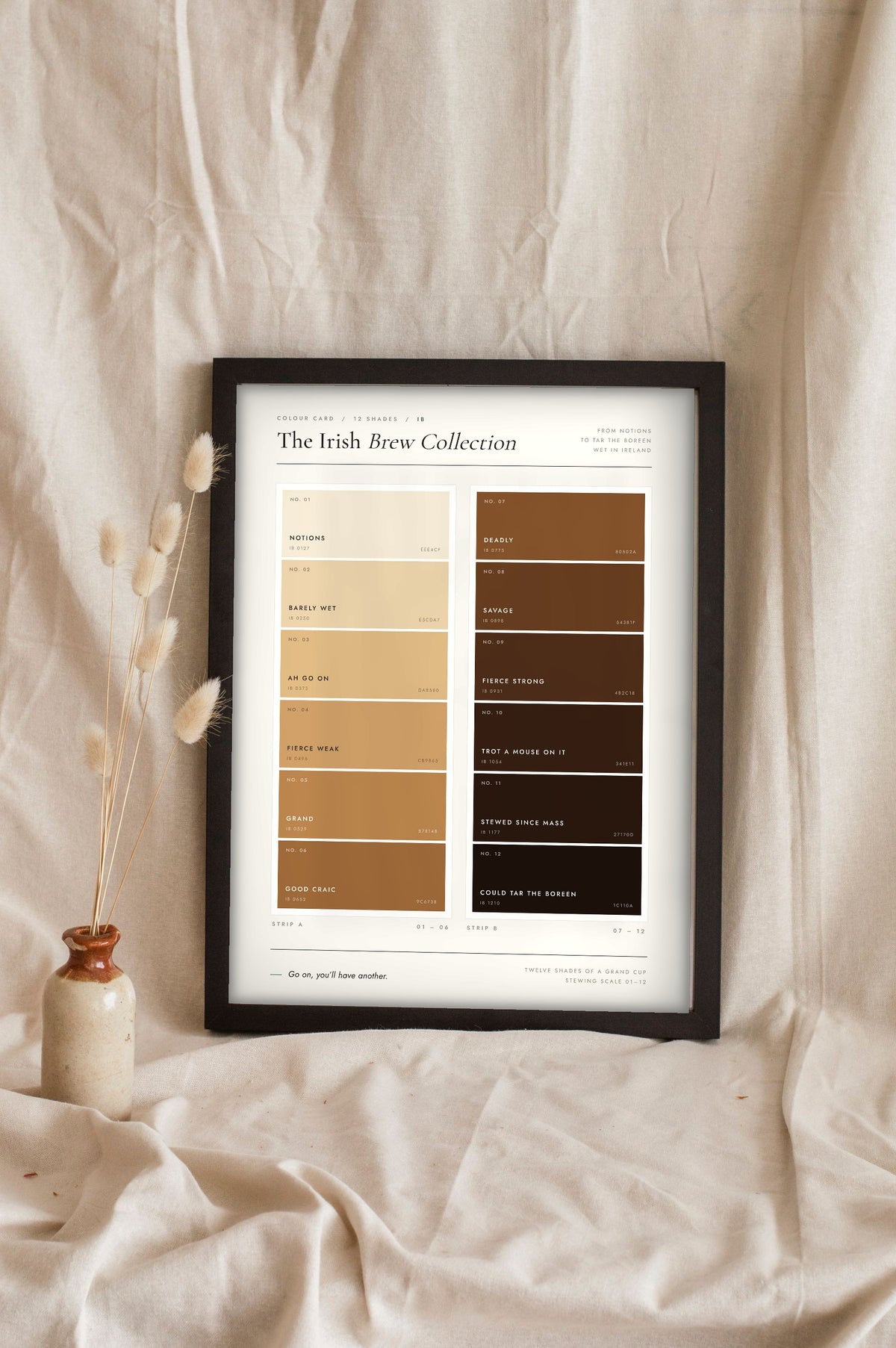 Irish Tea Colour Chart in a black frame propped up on linen