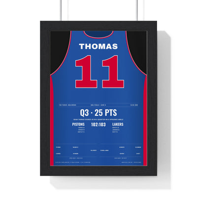 Isiah Thomas 1988 NBA Finals 25-Point Quarter Poster - Detroit Pistons 11 Jersey Print framed in a black frame, ready to hang