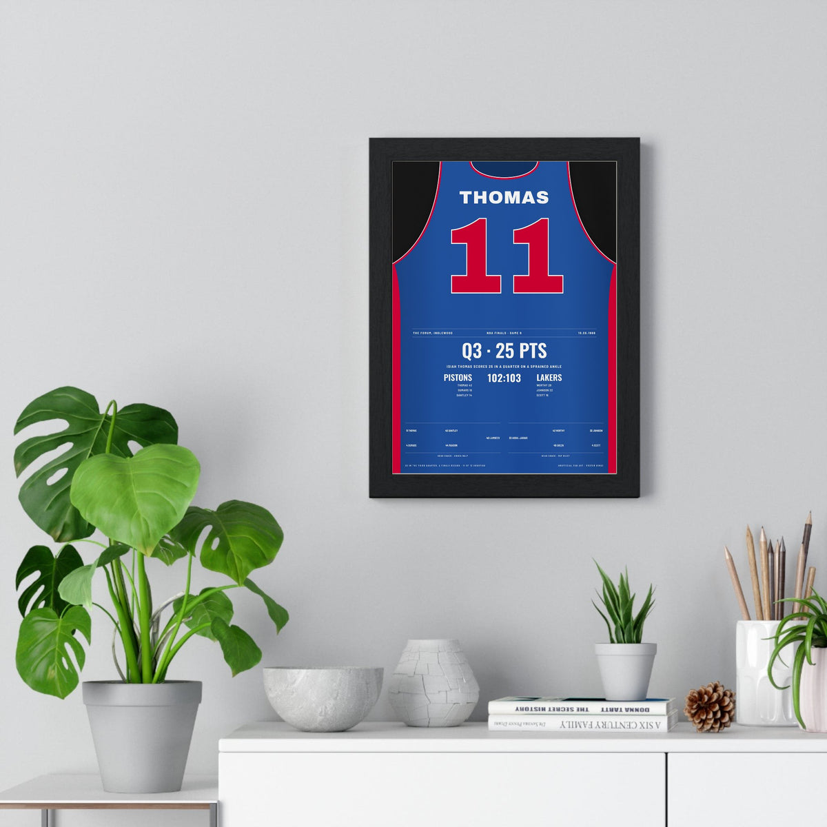 Isiah Thomas 1988 NBA Finals 25-Point Quarter Poster - Detroit Pistons 11 Jersey Print framed on a living room wall