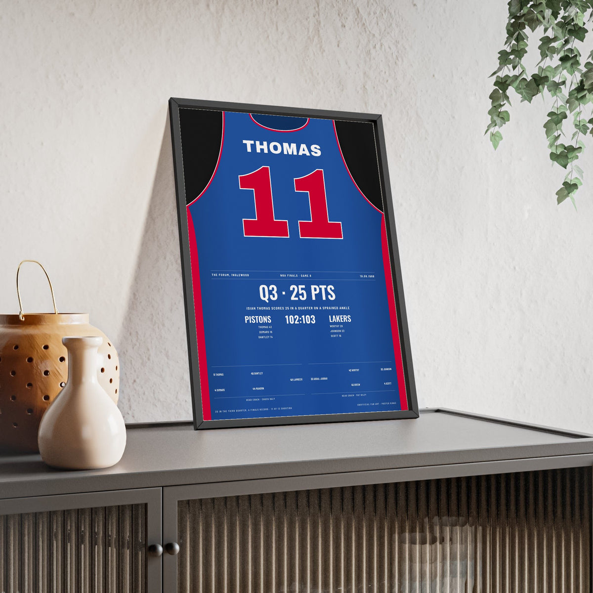 Isiah Thomas 1988 NBA Finals 25-Point Quarter Poster - Detroit Pistons 11 Jersey Print framed and leaning on a sideboard