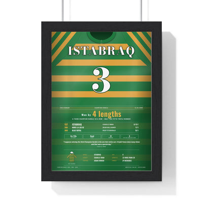Istabraq Champion Hurdle 2000 Horse Racing Poster - Third in a Row Silks Print framed in a black frame, ready to hang