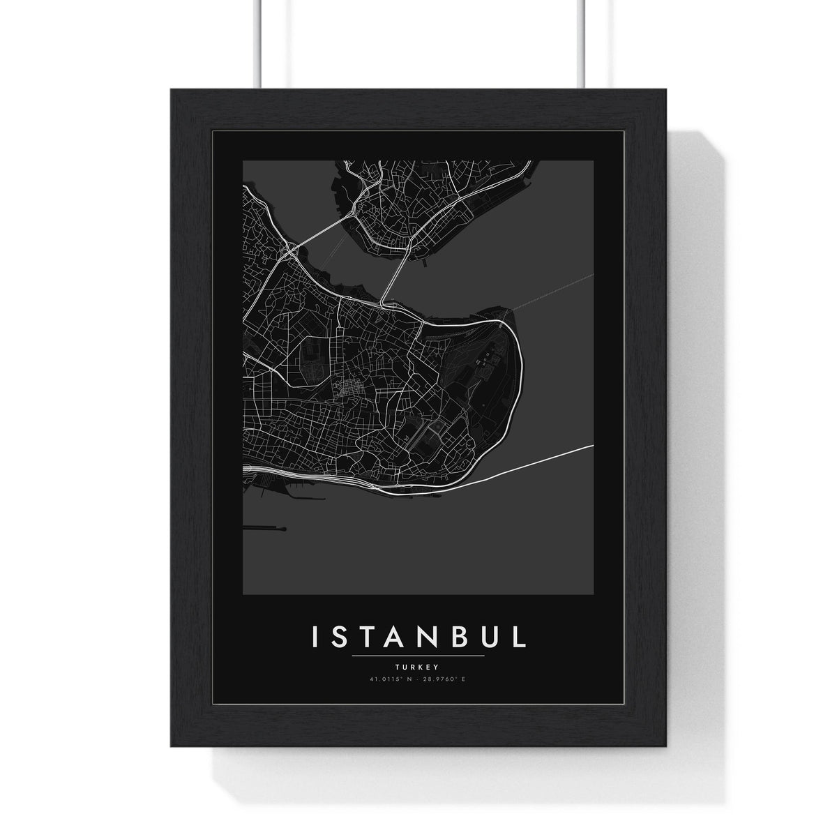 Istanbul street map poster in black, minimal city map print framed in a black frame
