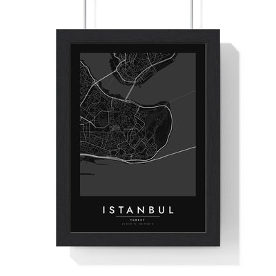 Istanbul street map poster in black, minimal city map print framed in a black frame