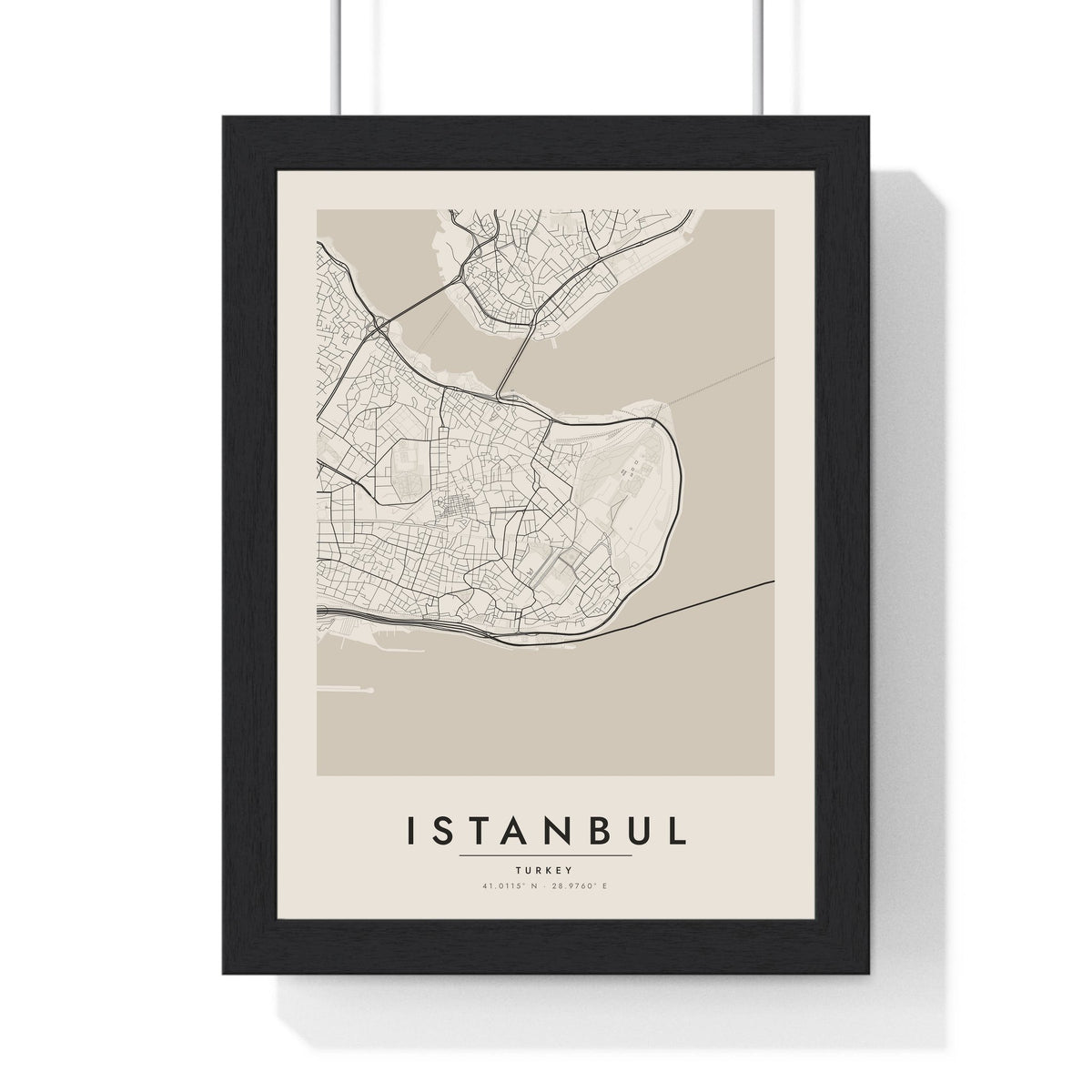 Istanbul street map poster in cream, minimal city map print framed in a black frame