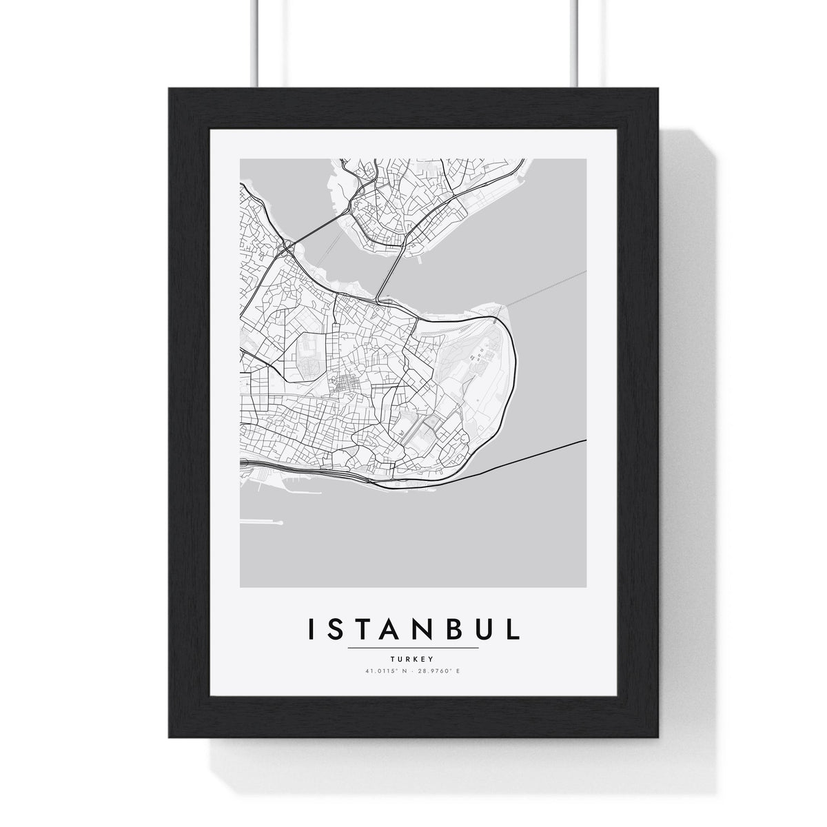 Istanbul street map poster in white, minimal city map print framed in a black frame
