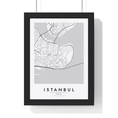 Istanbul street map poster in white, minimal city map print framed in a black frame