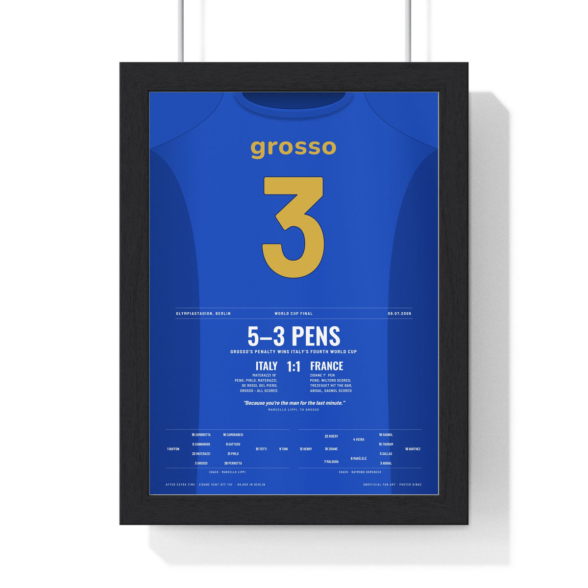 Italy World Cup Final 2006 Poster - Fabio Grosso 3 Winning Penalty v France Shirt Print framed in a black frame, ready to hang