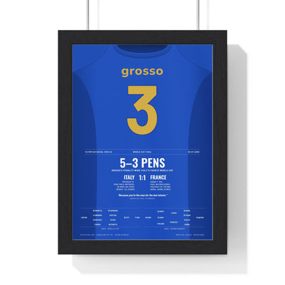 Italy World Cup Final 2006 Poster - Fabio Grosso 3 Winning Penalty v France Shirt Print framed in a black frame, ready to hang