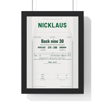 Jack Nicklaus Augusta 1986 Golf Poster - Caddie Overalls Back Nine 30 Print framed in a black frame, ready to hang